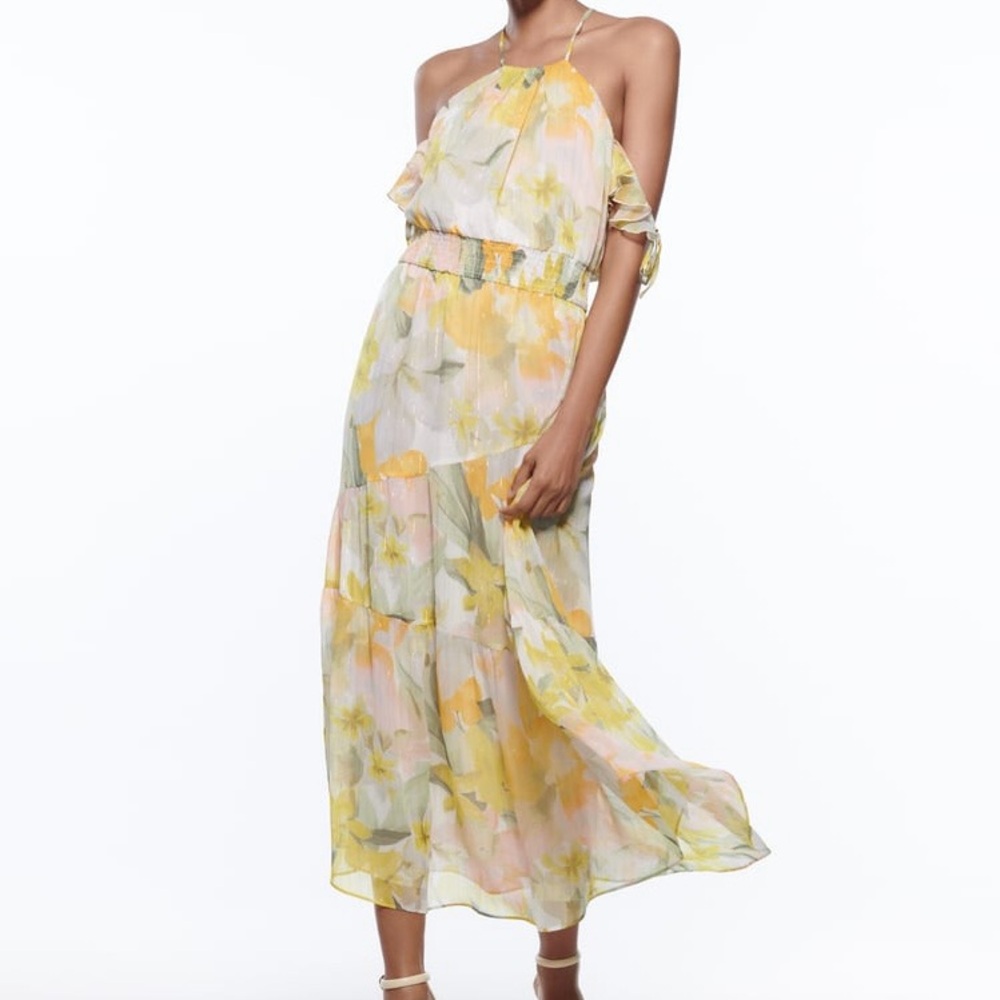 ZARA Floral Print Midi Dress with Metallic Threads